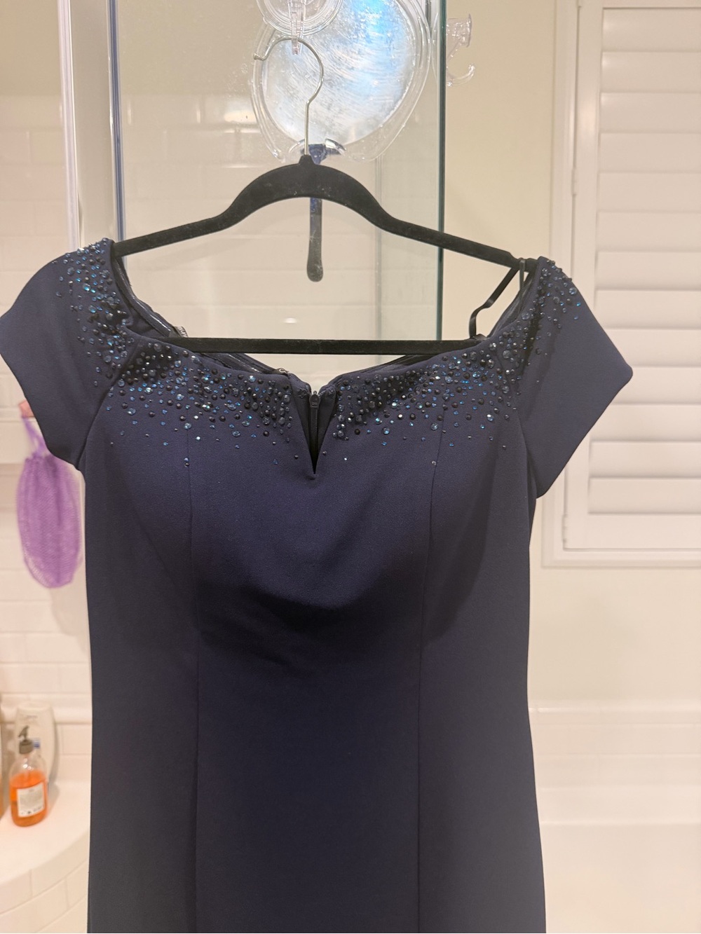 Calvin Klein Navy One-Shoulder Evening Dress with Beaded Yoke